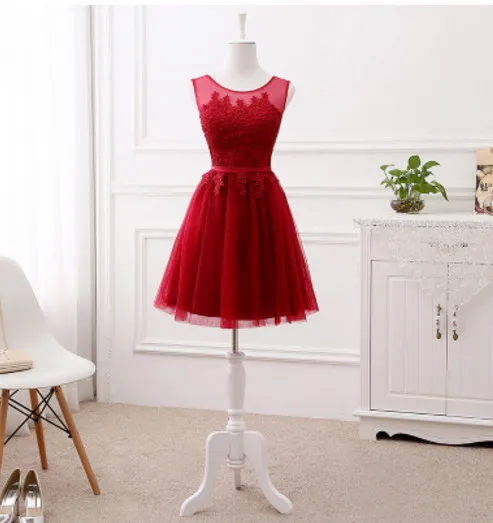 wine red short Vestido De Noiva, новинка, розовое платье подружки невесты с длинными аппликациями, кружевное, прозрачное, с вырезом, сиреневое, элегантное, свадебное, выпускное, вечерние, торжественное платье - Цвет: wine red short