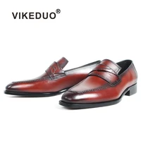 vikeduo new slip on round toe letter laser patina mens genuine cow leather shoes handmade patina bespoke flat casual zapatos