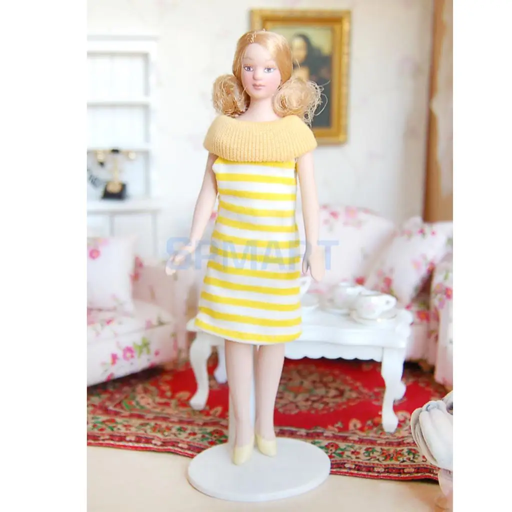 Dollhouse Miniature Porcelain Doll Lady in Striped Dress | Игрушки и хобби