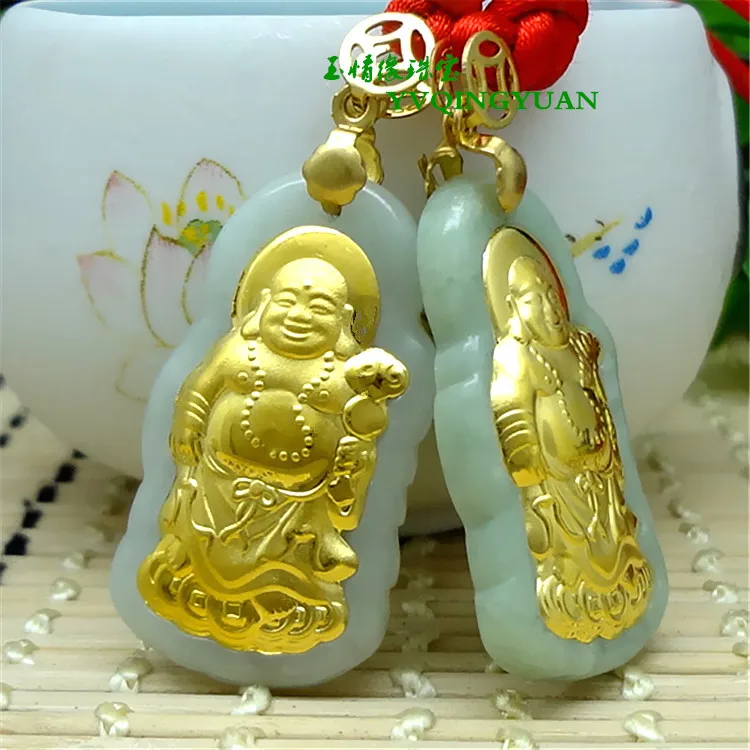 3D Золотой инкрустированный натуральный нефрит Maitreya Будда Кулон e46 #|Подвески| |