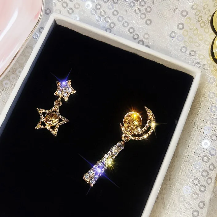 925 Серебряная игла Асимметричная Звезда Луна водяная дрель серьги корейский