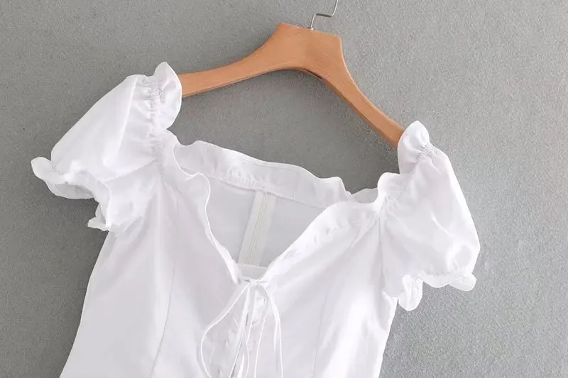 2018 Для женщин винтажные на шнуровке Белый бинт blusas дамы сладкий puff рубашка с