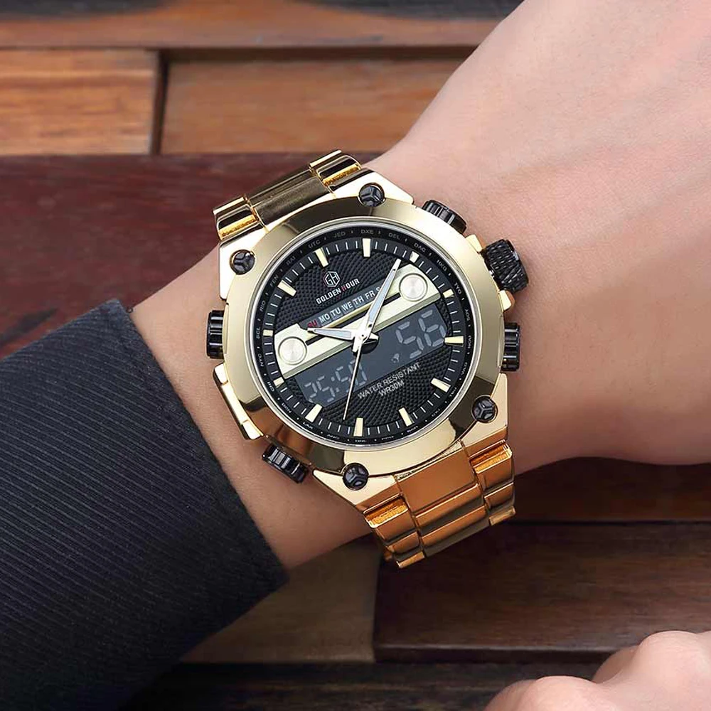 Reloj Hombre GOLDENHOUR роскошные золотые мужские часы erkek kol saati автоматический дисплей