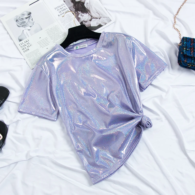 Женская атласная футболка с круглым вырезом коротким рукавом и