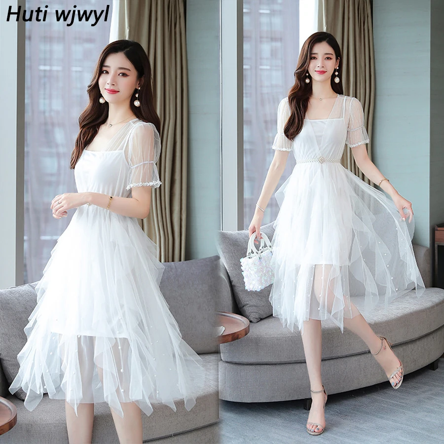 2019 элегантное белое Сетчатое шифоновое пляжное сексуальное платье летнее