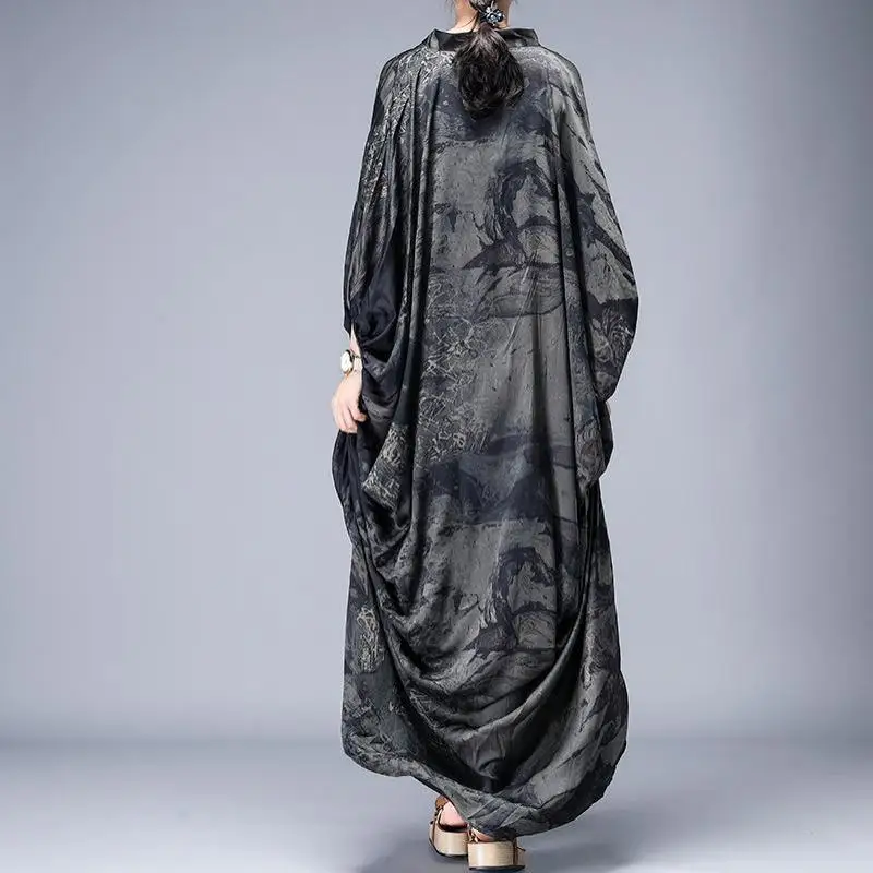 Новинка 2019 винтажное длинное платье с рукавом летучая мышь и пуговицами