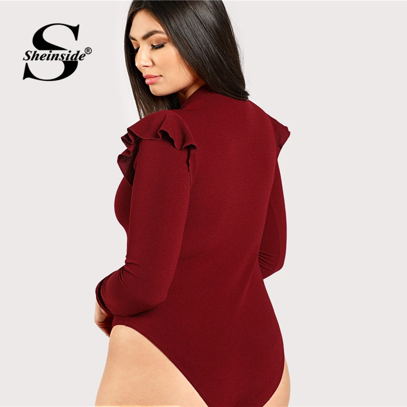Sheinside размера плюс обычный бордовый стоячий воротник Рабочая одежда боди с длинным рукавом рюшами эластичные женские Элегантные Осенние боди