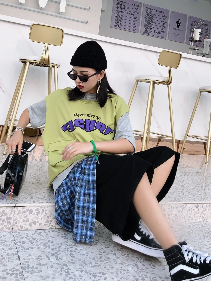 Уличные Топы в стиле хип хоп без рукавов с вышивкой и буквами шерстяными краями