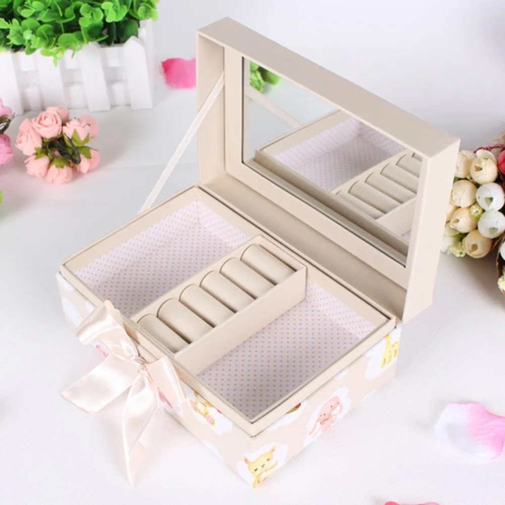 

Цветная Милая квадратная шкатулка для ювелирных изделий с зеркалом, портативный дорожный органайзер, чехол для хранения ювелирных изделий,...