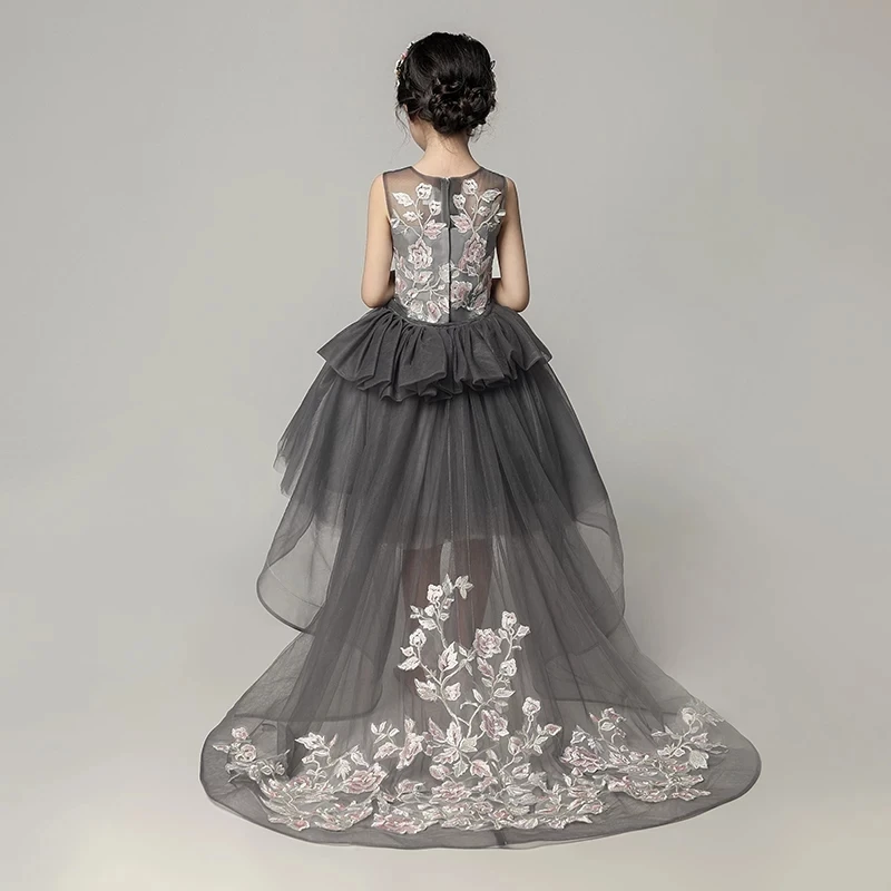 

2018 Summer New Luxury Children Girls Embroidery Flowers Black Birthday Wedding Party Long Tail Dress Kids Toddler TUtu Dress