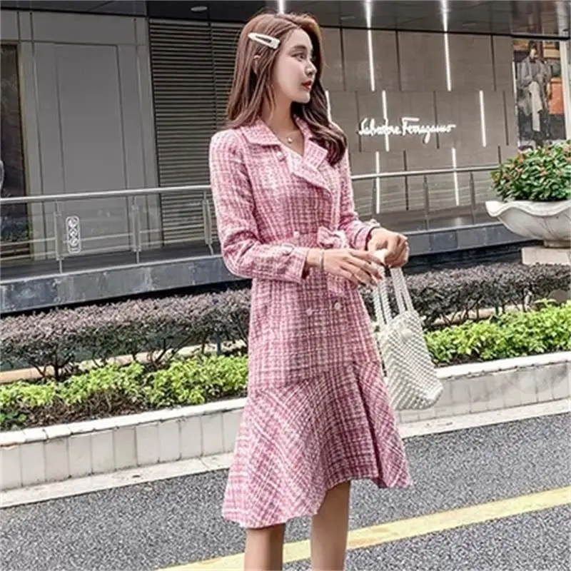 

Fashion plaid coat women Jackets Winter New Double-breasted slim bandage fishtail long woolen coat female Jackets