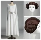 Женская принцесса Leia органа соло Косплей длинное белое платье парик 2 шт. комплект для взрослых Хэллоуин Карнавал косплей Маскировка