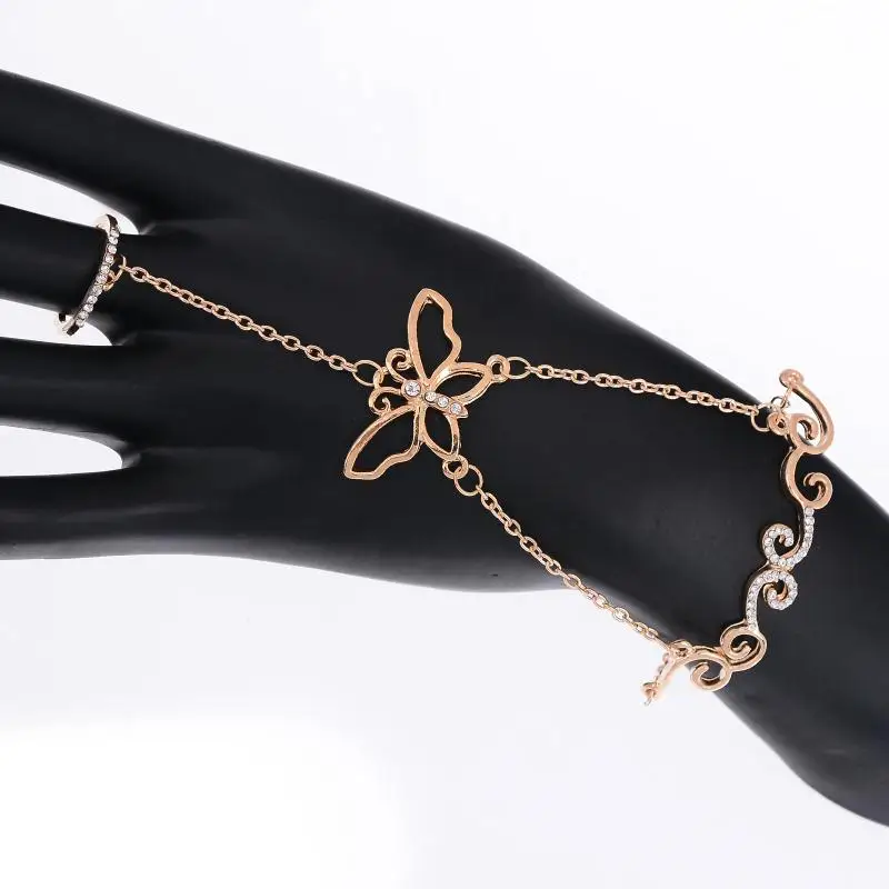 Mujer Anillo модный браслет с кристаллами и бабочками цепочка на запястье золотой