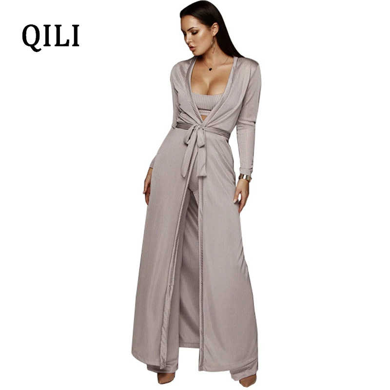

QILI 2019 осенние женские комбинезоны с длинными рукавами комплект из 3 предметов женский халат + короткий топ + широкие длинные штаны набор с ре...