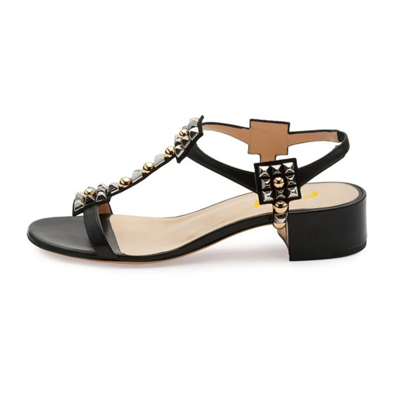 

Black Rivet T Strap Heeled Open Toe Square Chunky Heels Sandals Summer Casual Elegant Woman Shoes 2021 Plus US Size 14 15 16 FSJ