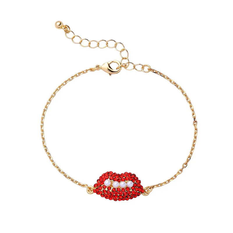 Очаровательный золотой цвет сексуальные красные губы имитация жемчуга браслет