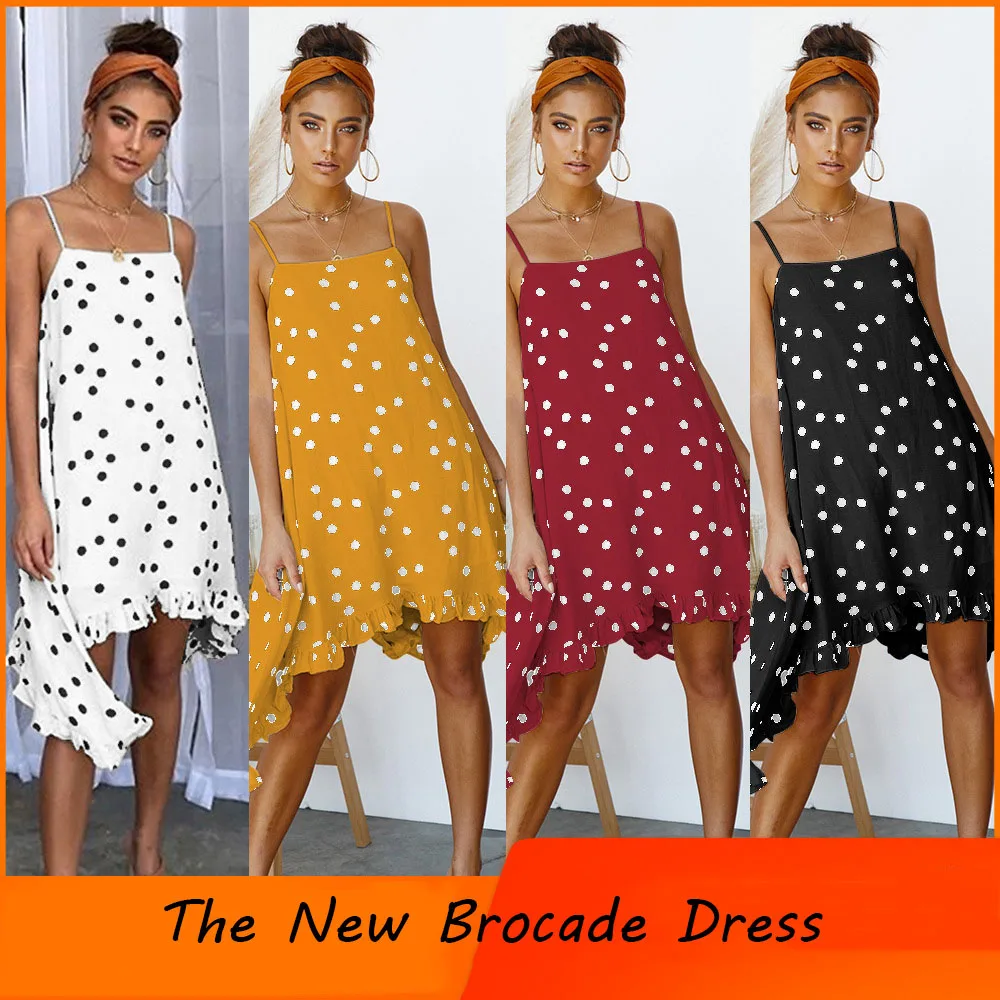 Женское шифоновое платье на тонких бретельках с принтом в горошек нерегулярный