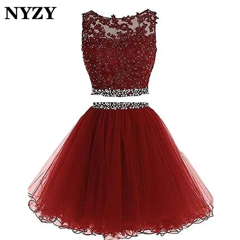 burgundy NYZY P54 настоящий образец, бордовое короткое платье для выпускного вечера, 2 предмета, платье с кристаллами, кружевные аппликации, тюлевые пышные вечерние платья, vestidos coctel - Цвет: burgundy
