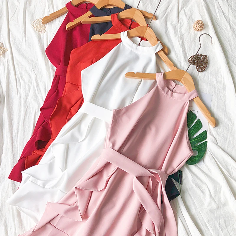 Женское платье без рукавов FMFSSOM летнее с поясом и оборками 2020|Женские платья| |