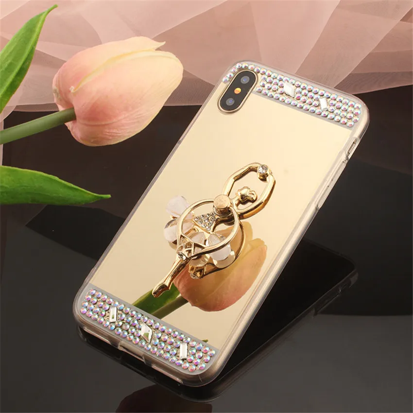 Модный Блестящий зеркальный мягкий чехол со стразами для iPhone 7 6 Plus с кольцом