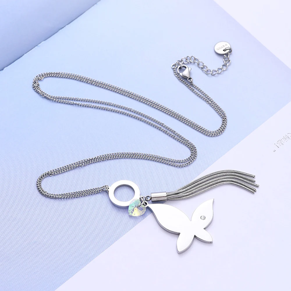 Color Four-leaf Clover Pendant Necklace Women Stainless Steel Crystal Heart Butterfly Tassel Long Style Jewelry Gift | Украшения и