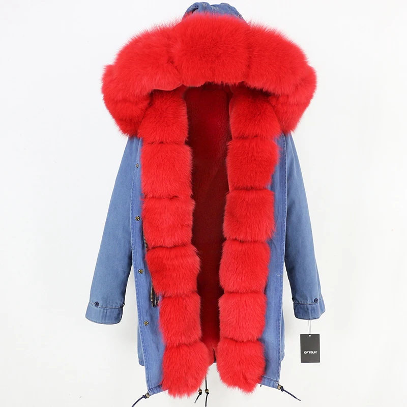 OFTBUY длинная парка с воротником из натурального Лисьего меха, пальто из натурального меха, зимняя женская куртка, Толстая теплая брендовая Роскошная Съемная уличная одежда - Цвет: denim red
