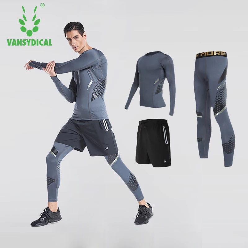 Vansydical, мужские компрессионные костюмы, мужские дышащие костюмы для бега, мужская спортивная рубашка, компрессионные штаны, 3 шт., одежда для спортзала и тренировок
