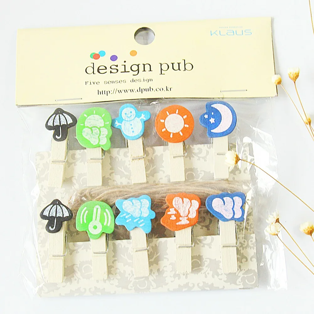 

10 pcs/lot Creative Weather Series Wooden Clip Photo paper Clothespin Craft Clips Party Decoration Clip with Hemp Rope