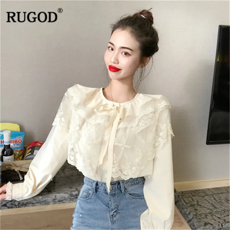 RUGOD/Элегантные женские рубашки с круглым вырезом длинными рукавами и кружевными