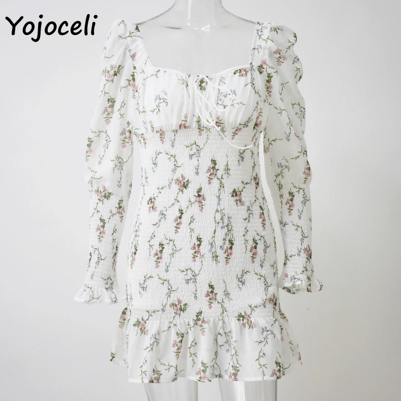Белый Yojoceli, лето, Дворцовое Цветочное платье для женщин, квадратный вырез, рукав-фонарик, мини-платье в стиле бохо, Пляжное Платье - Цвет: Белый