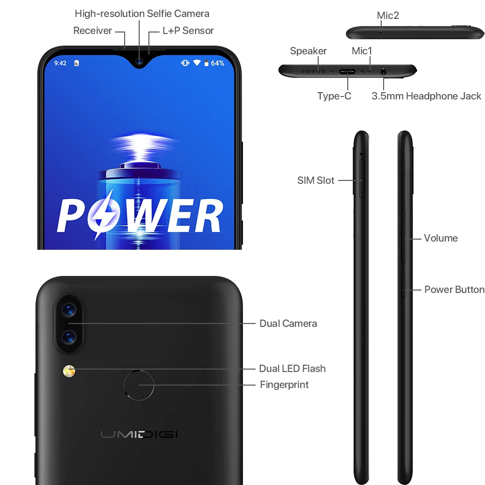 UMIDIGI Power смартфон с 6 3 дюймовым дисплеем восьмиядерным процессором Helio P35 ОЗУ 4 Гб