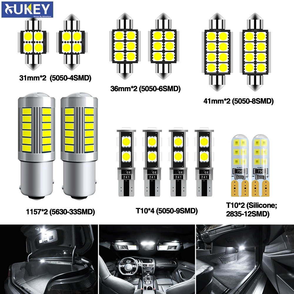 

Xukey 14pcs Car Interior LED Lights Kit Package Dome Trunk License Plate Bulbs Reversing DRL Lamp 168 1157 31mm 41mm C5W White