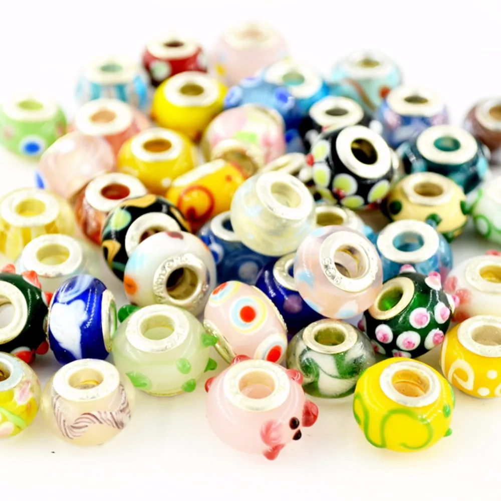 50pcs/pack DIY Round Square Big Hole Glass Bead Colorful With Wave Circle Ripple Point Pattern Jewelry Accessories For Bracelet | Украшения