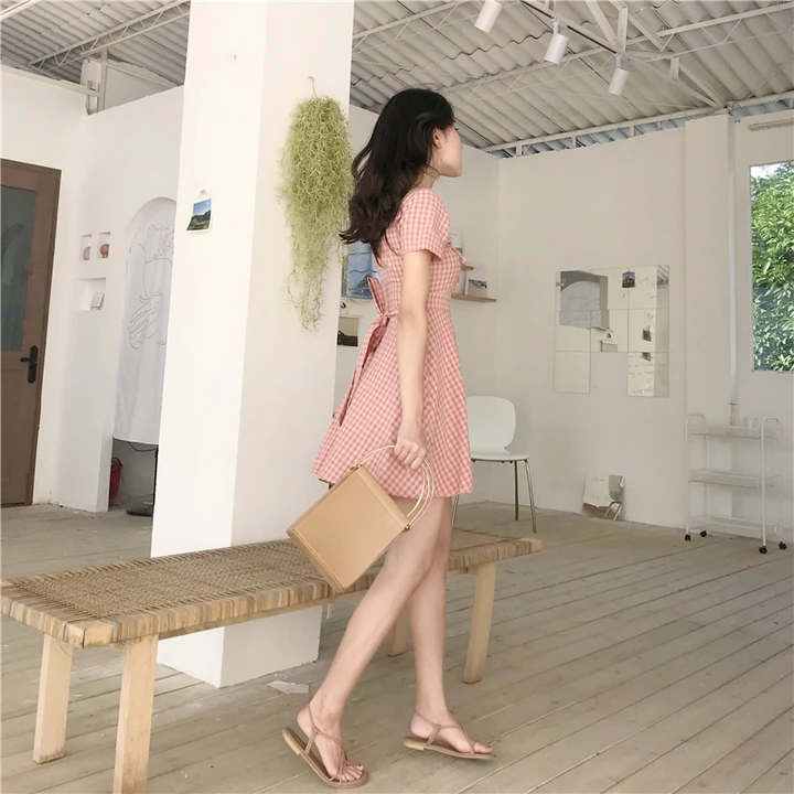 Lychee Girls Slim Plaid Lace Up Short Sleeve Summer Women Dress V Neck Causal A Line Female | Женская одежда
