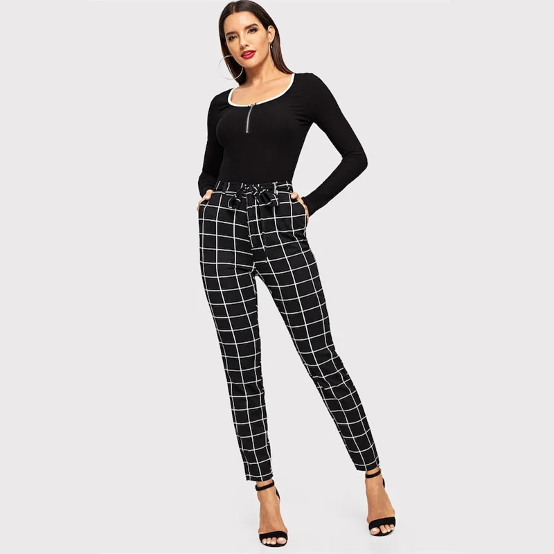 BUYSD 2019 черный Plaid Belted узел спецодежда зимняя женские брюки-скинни весенние