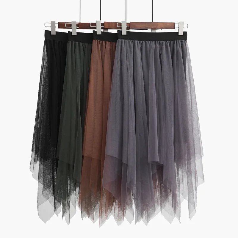 Тюль 2019 Эластичная Юбка Высокая Талия Асимметричная пачка Женская Мода