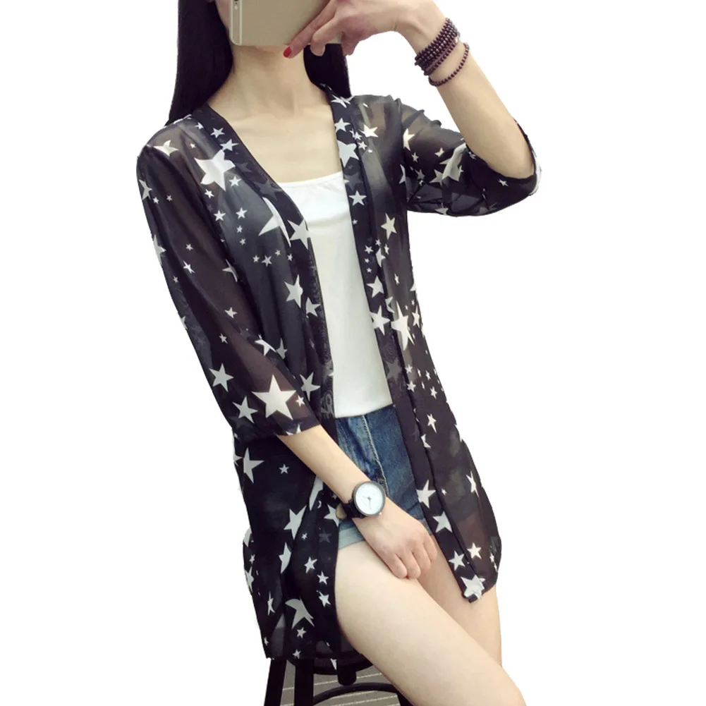 Blusas Mujer De Moda, новинка, женская летняя шифоновая блузка, Повседневный Кардиган-кимоно, Длинные Блузки, Солнцезащитный топ размера плюс - Цвет: stars black