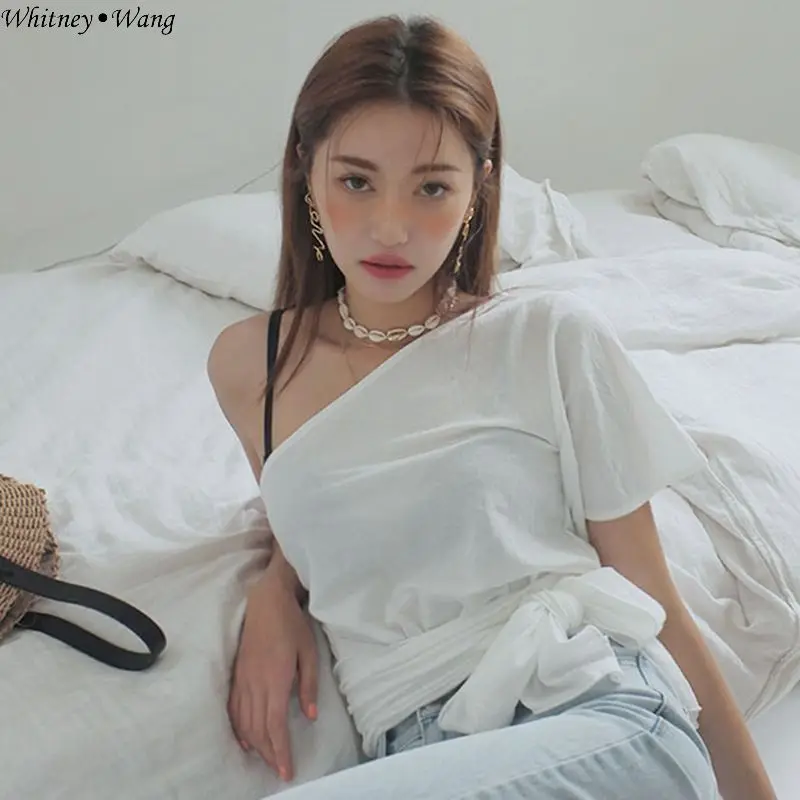 WHITNEY WANG Футболка женская 2019 летняя модная Уличная Сексуальная футболка с одним