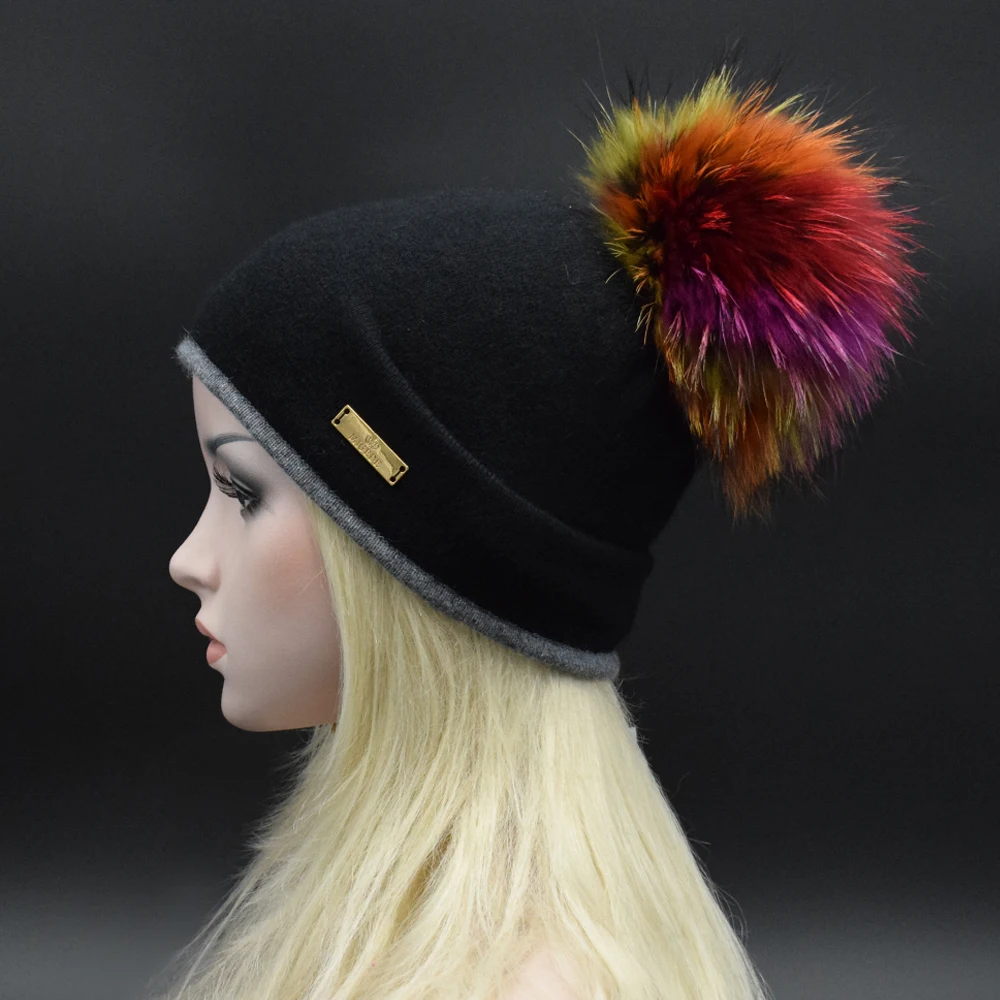 2017 Winter Luxury top 22cm Colorful raccoon fur pompoms Women Beanie hat Double knitting wool Metal Logo lady caps | Аксессуары для