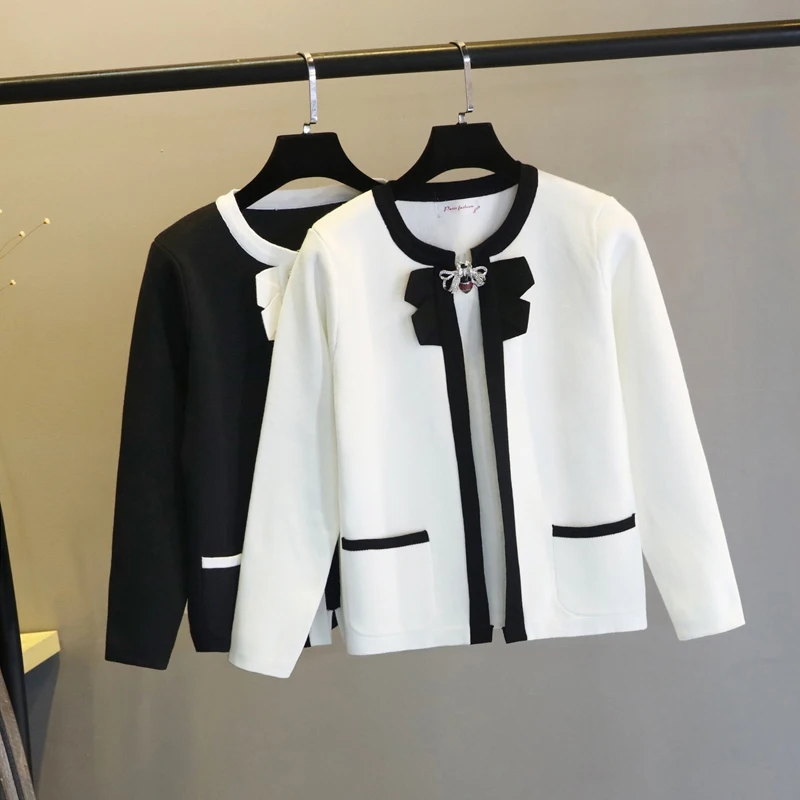 sweet wind cardigan coat female 2018 new round collar bowknot temperament long sleeve short wool sweater not with bee brooch |