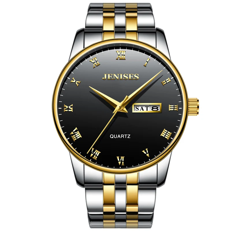 Jenises Бизнес Кварцевые часы для мужчин из нержавеющей стали водонепроницаемые