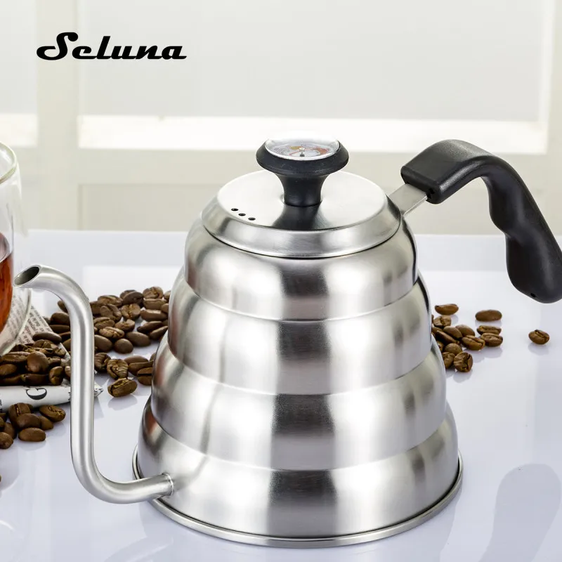 

Stainless Steel Coffee Pot Long Spout Kettle Gooseneck Drip Coffee Kettle Thermo Maker Thermometer Pour Over Teapot 1.2L 1000ml