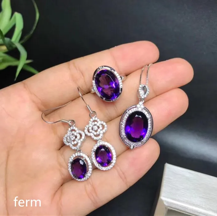 KJJEAXCMY exquisite jewelry 925 pure silver inlaid natural amethyst ladies jewelry set rings Pendant Earrings 4 sets