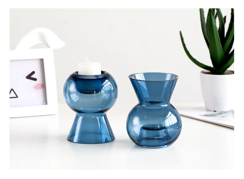 INS синяя стеклянная ваза Террариум Бутылка Контейнер цветок домашний декор стола