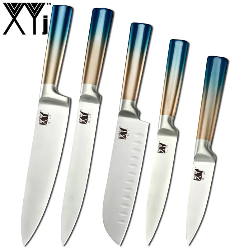 5pcs set XYj набор кухонных ножей из нержавеющей стали градиентная синяя ручка интегрированный дизайн нож шеф-повара 8 ''Держатель ножей ножницы инструменты для приготовления пищи - Цвет: 5pcs set