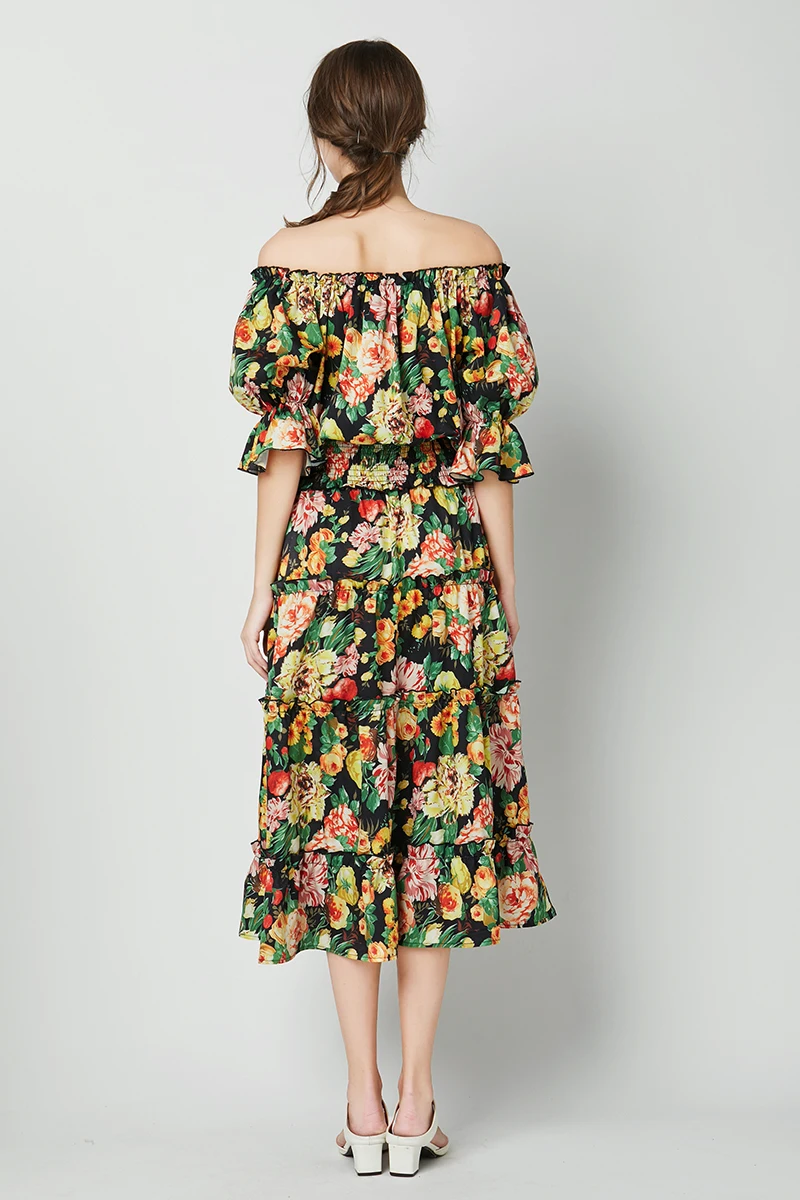 Женское шифоновое платье с открытыми плечами подиумное цветочным принтом и