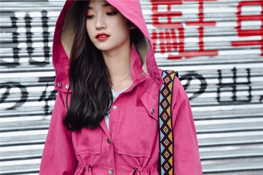 

2019 autumn winter new fashion hooded long red Adjustable Waist women trench coats sweet style female coats gx1250