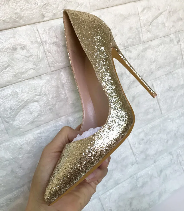 Gold 12cm Heels Veowalk Women Shinny Gold Pointed Toe High Heel Shoes Sexy Sparkly Laidies Slip on Stiletto Party Wedding Bridal Pumps 12 10 8cm - Цвет: Gold 12cm Heels