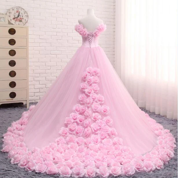 Розовое платье принцессы Quinceanera с открытыми плечами цветочным принтом длинное