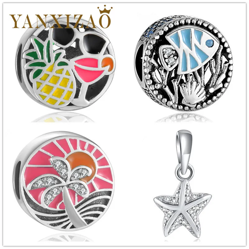 Yanxizao Мода Серебро 925 CZ красочные бусины рыба дерево ананас Морская звезда Fit Pandora